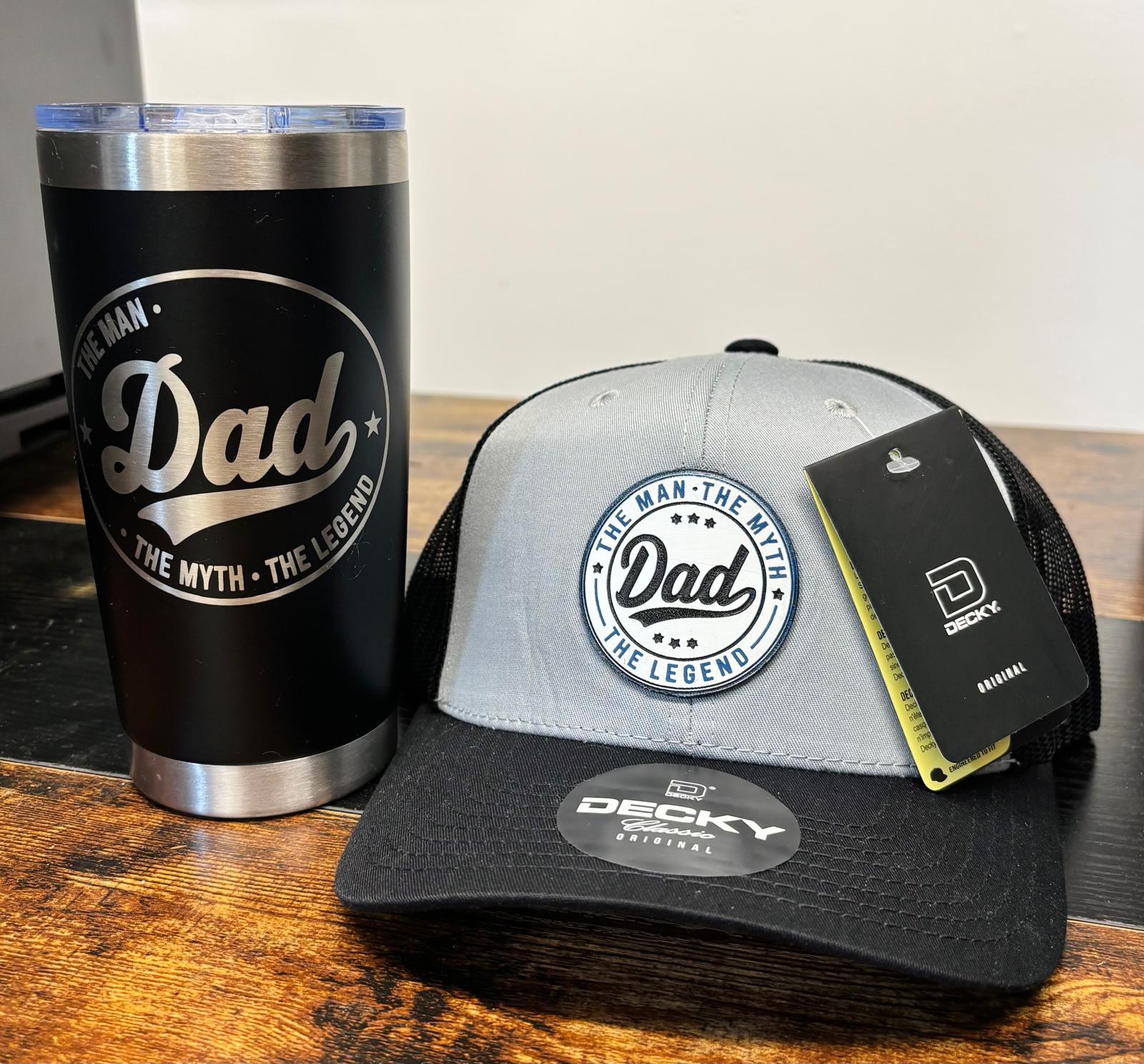 Dad's Legend Bundle – "The Man. The Myth. The Legend." Tumbler & Trucker Hat Set