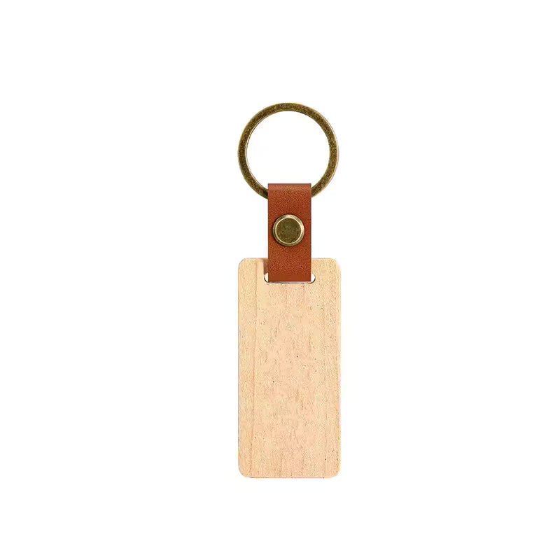 Custom Engraved Wooden & Leather Keychains – Rectangle & Round