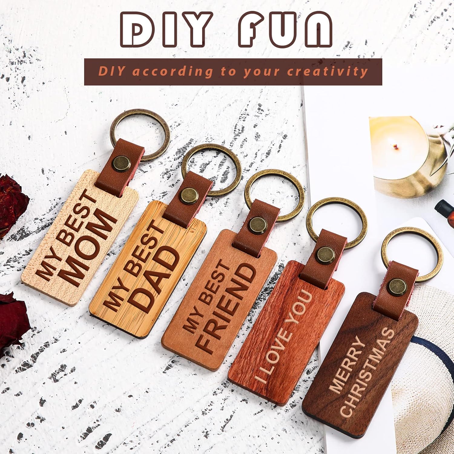 Custom Engraved Wooden & Leather Keychains – Rectangle & Round