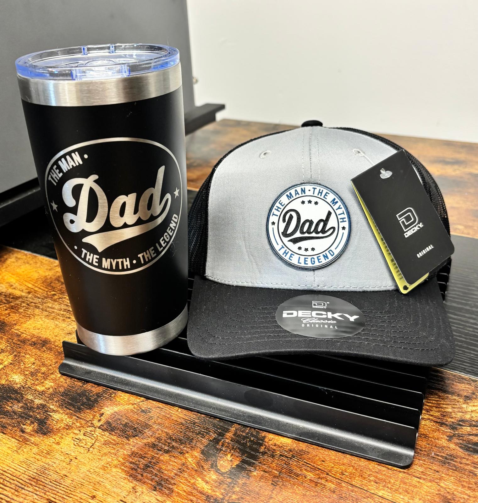 Dad's Legend Bundle – "The Man. The Myth. The Legend." Tumbler & Trucker Hat Set