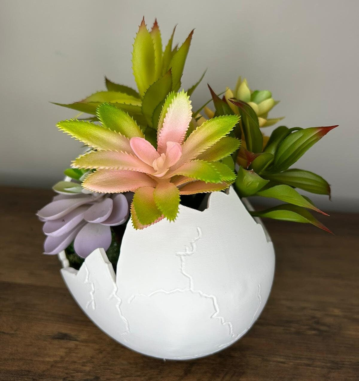 Succulent Arrangement in Cracked Egg Planter – Modern and Elegant Style