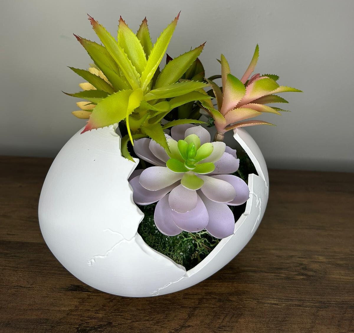 Succulent Arrangement in Cracked Egg Planter – Modern and Elegant Style