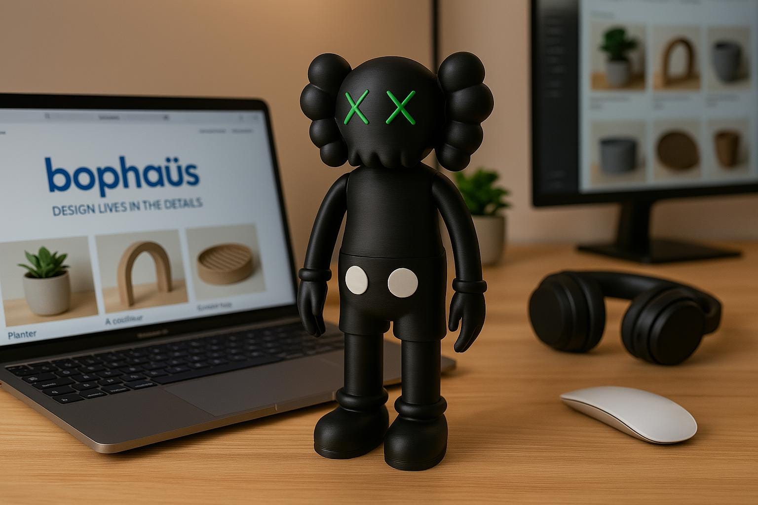 Black Inspired Art Toy – Standing Designer Figurine with Green Eyes