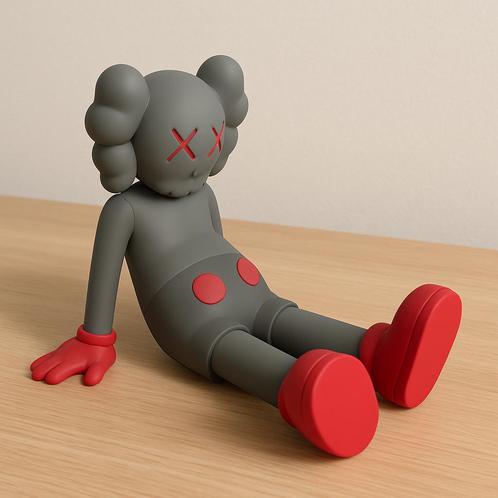 Gray and red toy figure with a minimalistic design on a wooden surface.